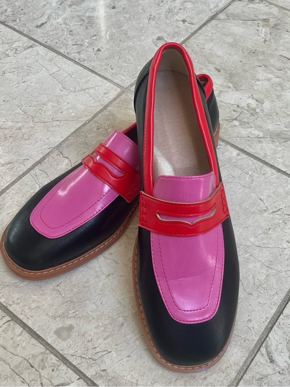 Colorblock Leather Loafers - Pink/Red/Black